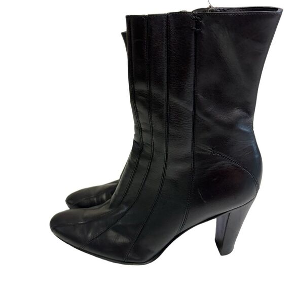 Black Leather Heeled Ankle Boots, Pointed Toe, Block Heel, Chic Classic Style - Picture 3 of 12